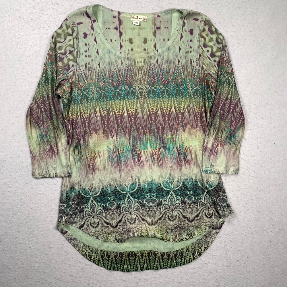 Y2K World Unity Top Womens Medium Green Multi Color Boho Rhinestone 3/4 Sleeve